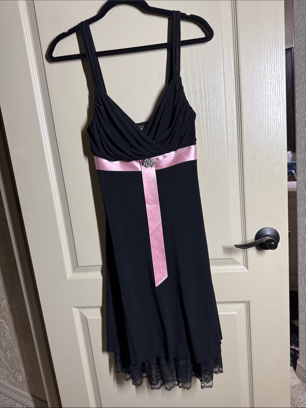 My Michelle Black Dress with Pink Satin Waistband and Rhinestone Accent